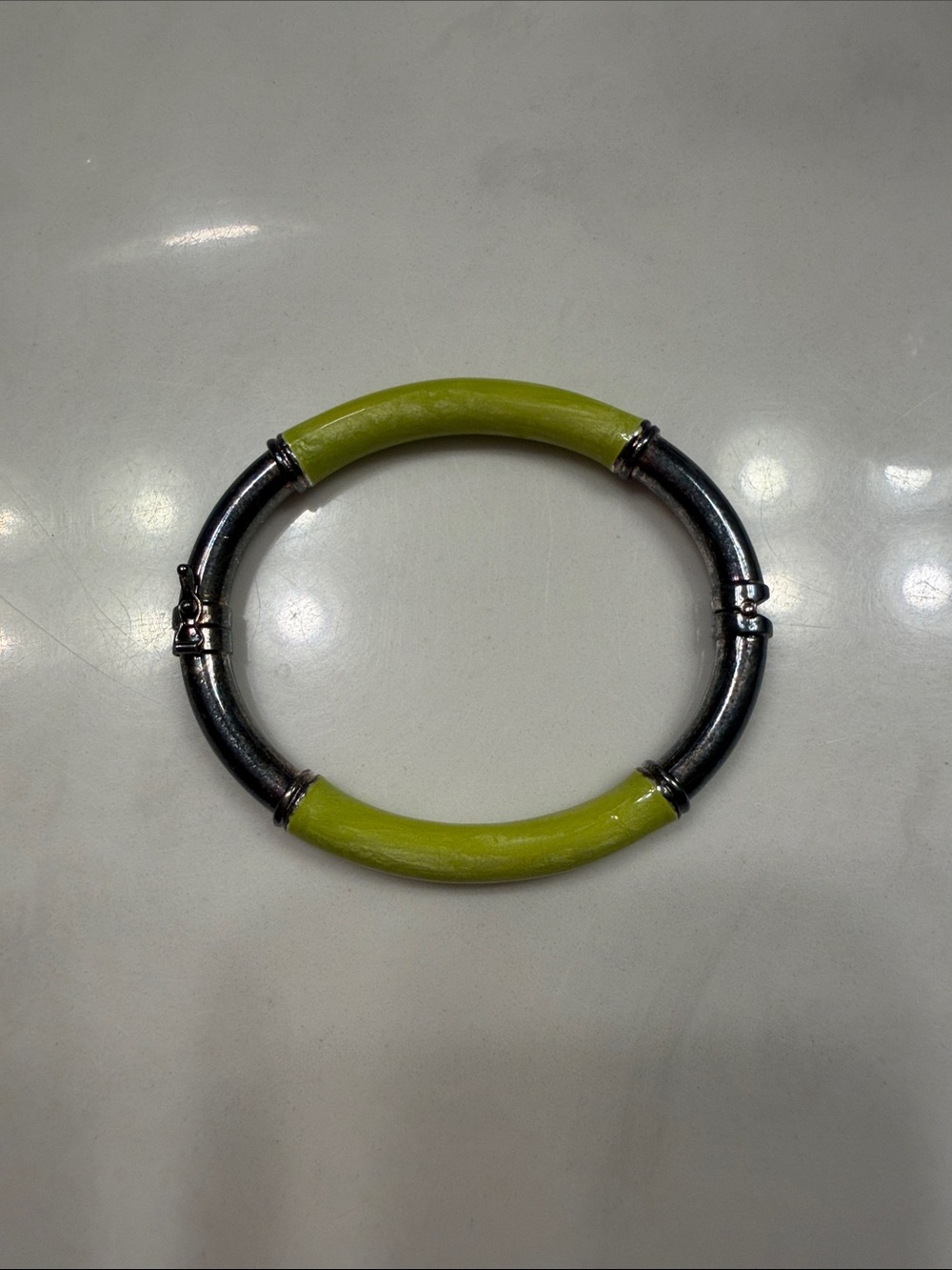 Enamel Lime Green and Silver Tubular Bangle Bracelet
